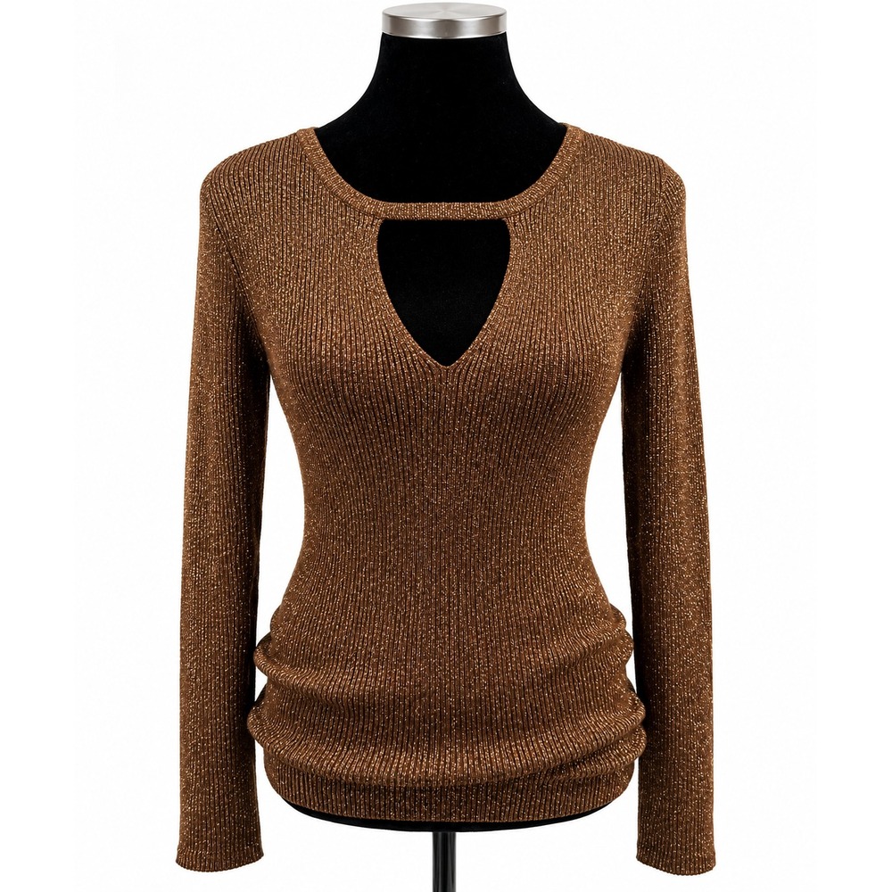 INC International Concepts M Brown Bronze Metallic Keyhole Stretch Sweater Y2K